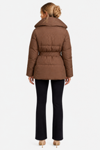 Women's Belted Puffer Jacket with Oversized Shawl Collar and Tie Waist in Brown – Back View