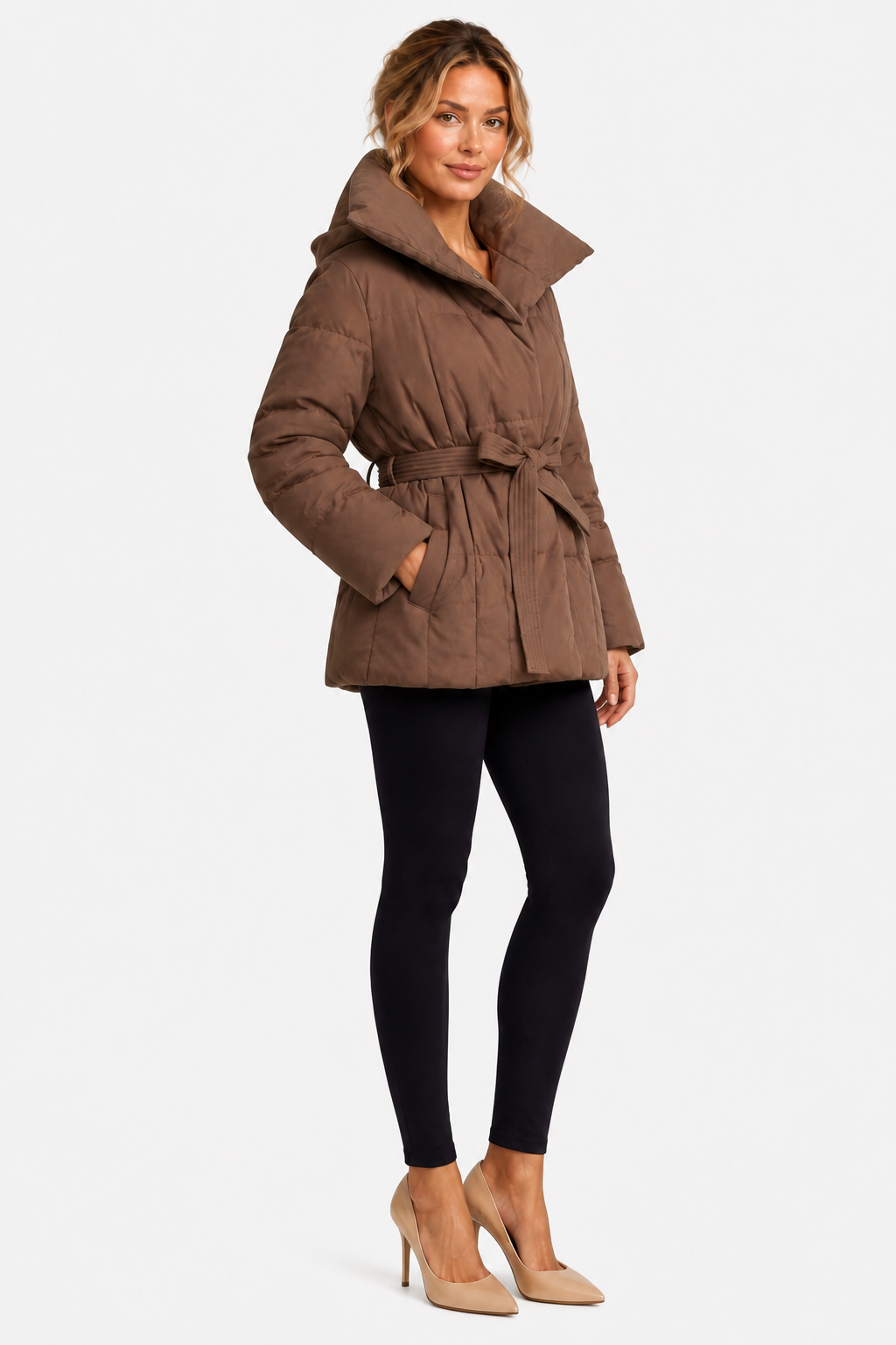 Women's Belted Puffer Jacket with Oversized Shawl Collar and Tie Waist in Brown – Side View