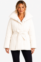 Women's Belted Puffer Jacket with Oversized Shawl Collar and Tie Waist in Off White – Front View