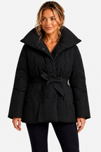 Women's Belted Puffer Jacket with Oversized Shawl Collar and Tie Waist in Black – Front View