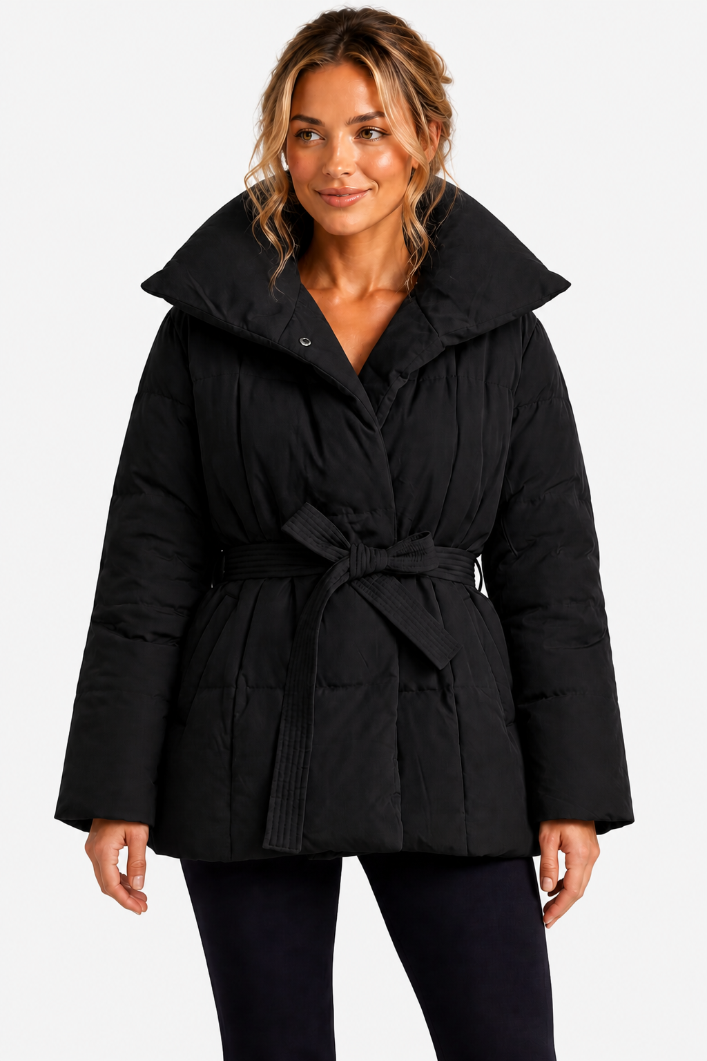 Women's Belted Puffer Jacket with Oversized Shawl Collar and Tie Waist in Black – Front View