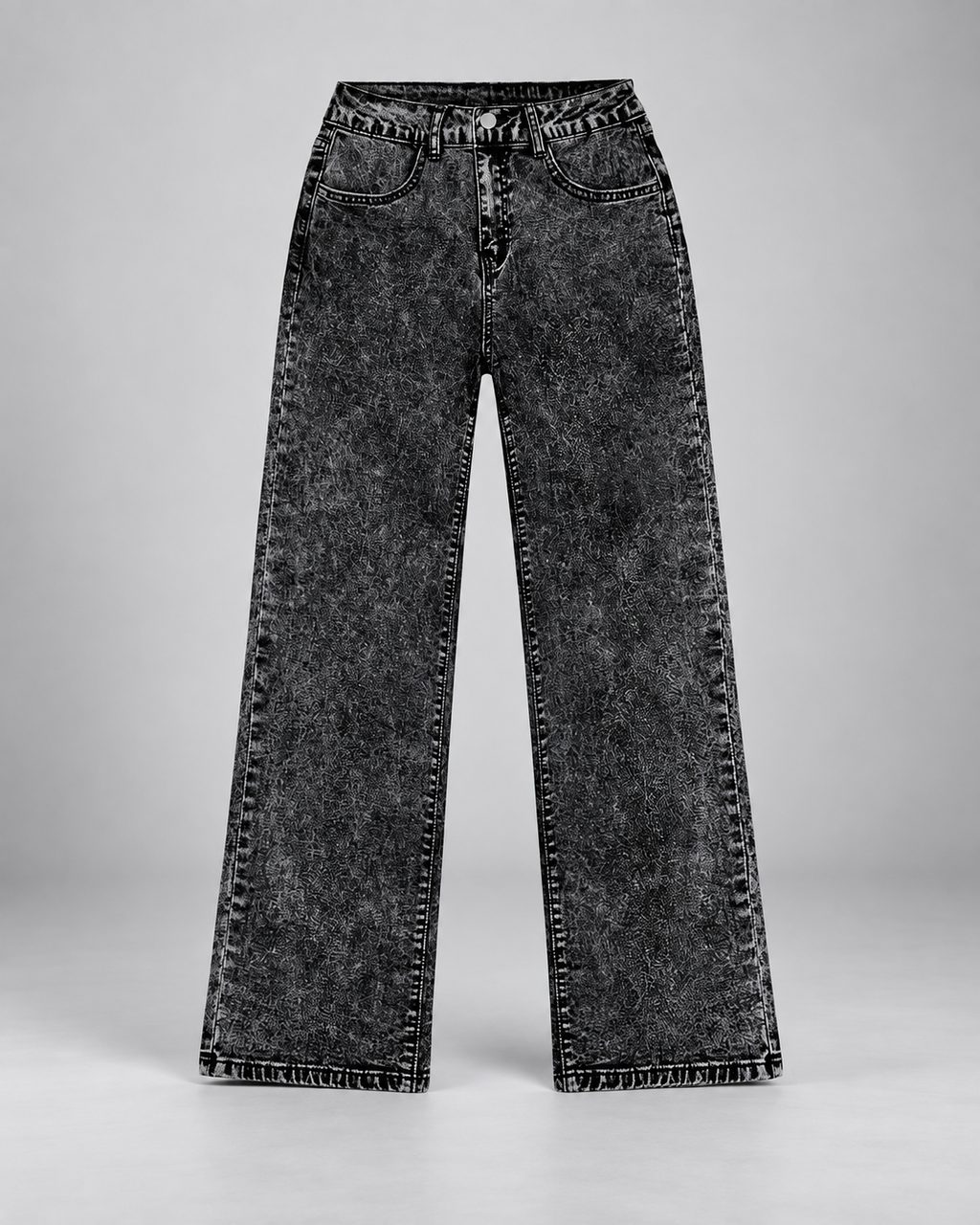 Women's black acid wash jeans with wide leg and mid rise