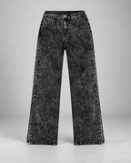 Women's black acid wash jeans with wide leg and mid rise