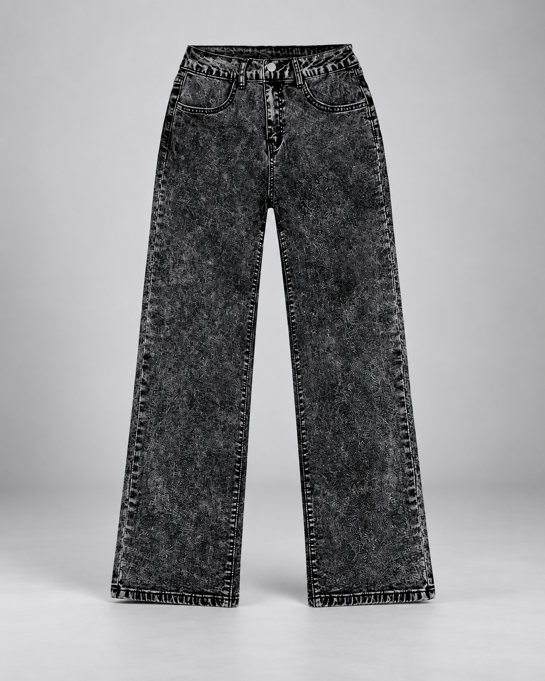 Women's black acid wash jeans with wide leg and mid rise