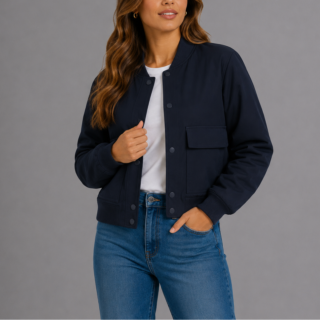 Women's Bomber Jacket with Button Front and Flap Pockets