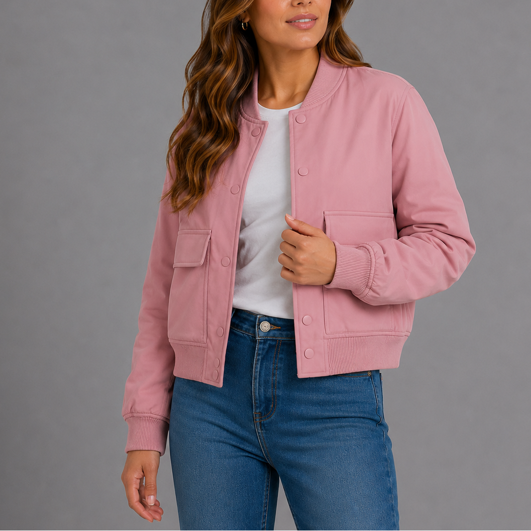 Women's Bomber Jacket with Button Front and Flap Pockets