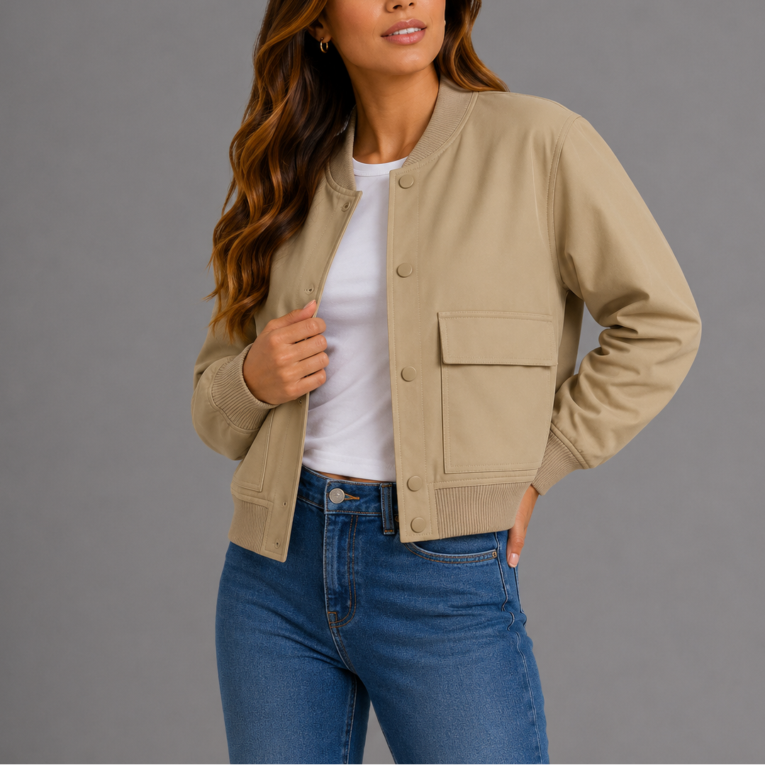 Women's Bomber Jacket with Button Front and Flap Pockets