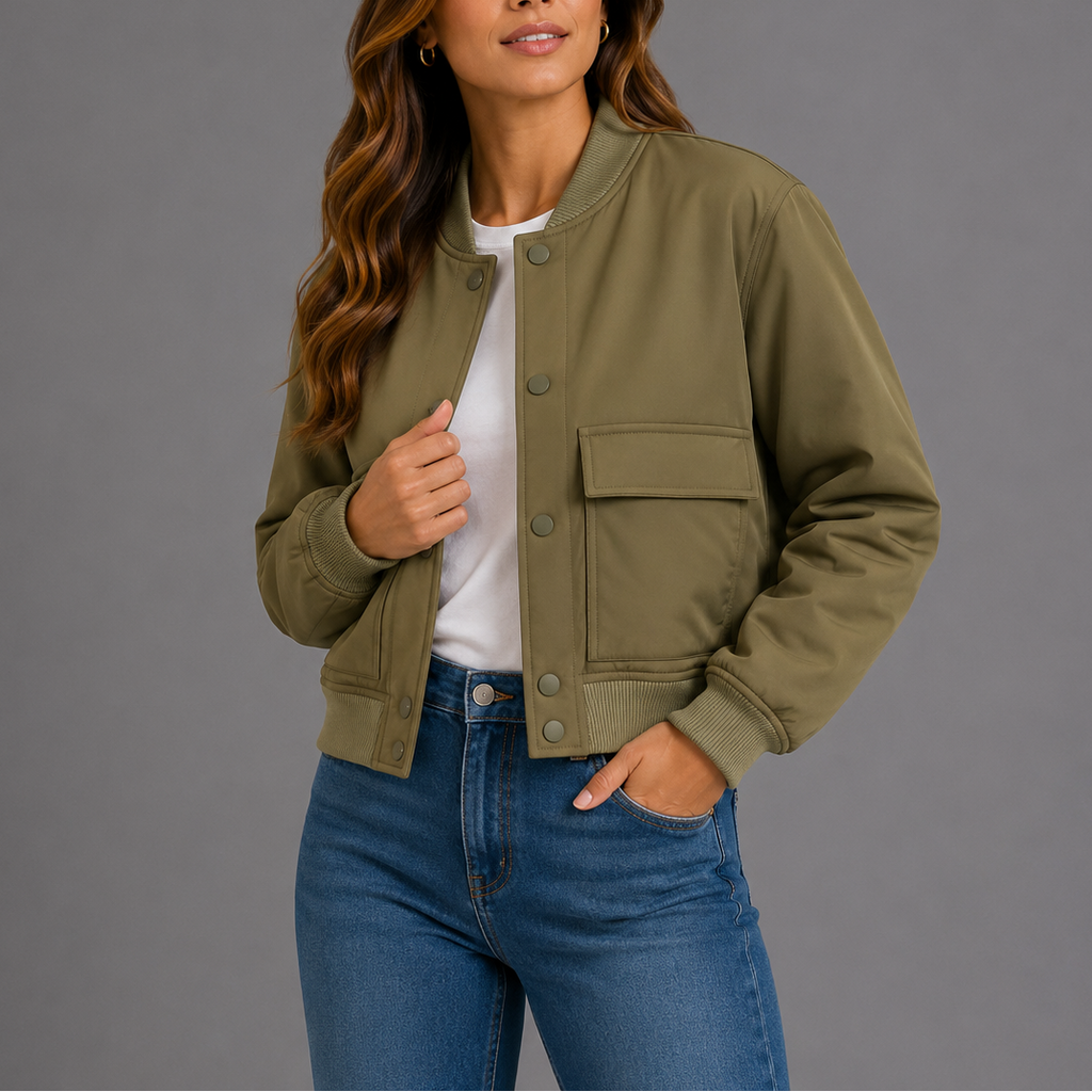 Women's Bomber Jacket with Button Front and Flap Pockets