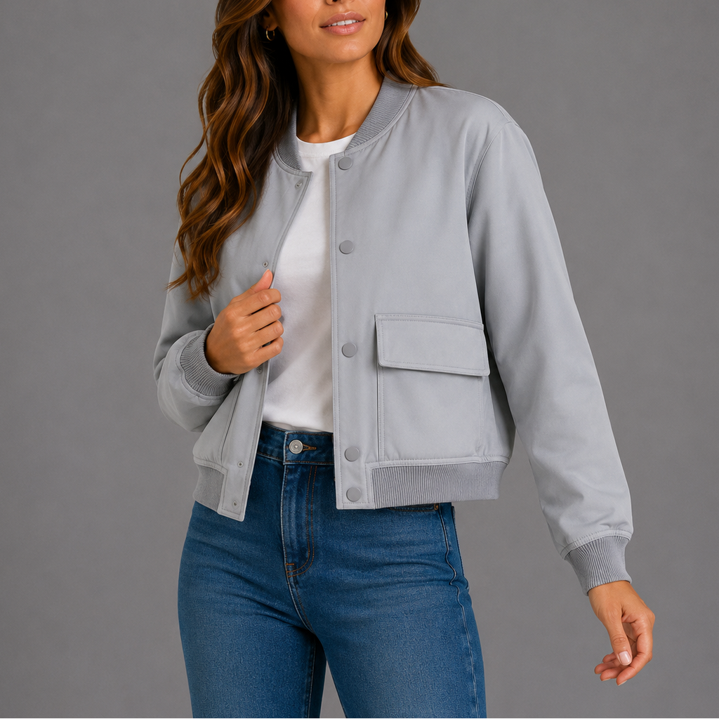 Women's Bomber Jacket with Button Front and Flap Pockets