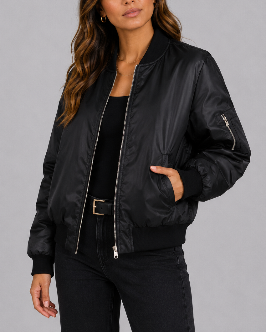 Women's Bomber Jacket with Zip Front and Ribbed Trim