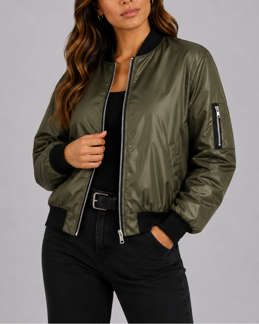 Women's Bomber Jacket with Zip Front and Ribbed Trim