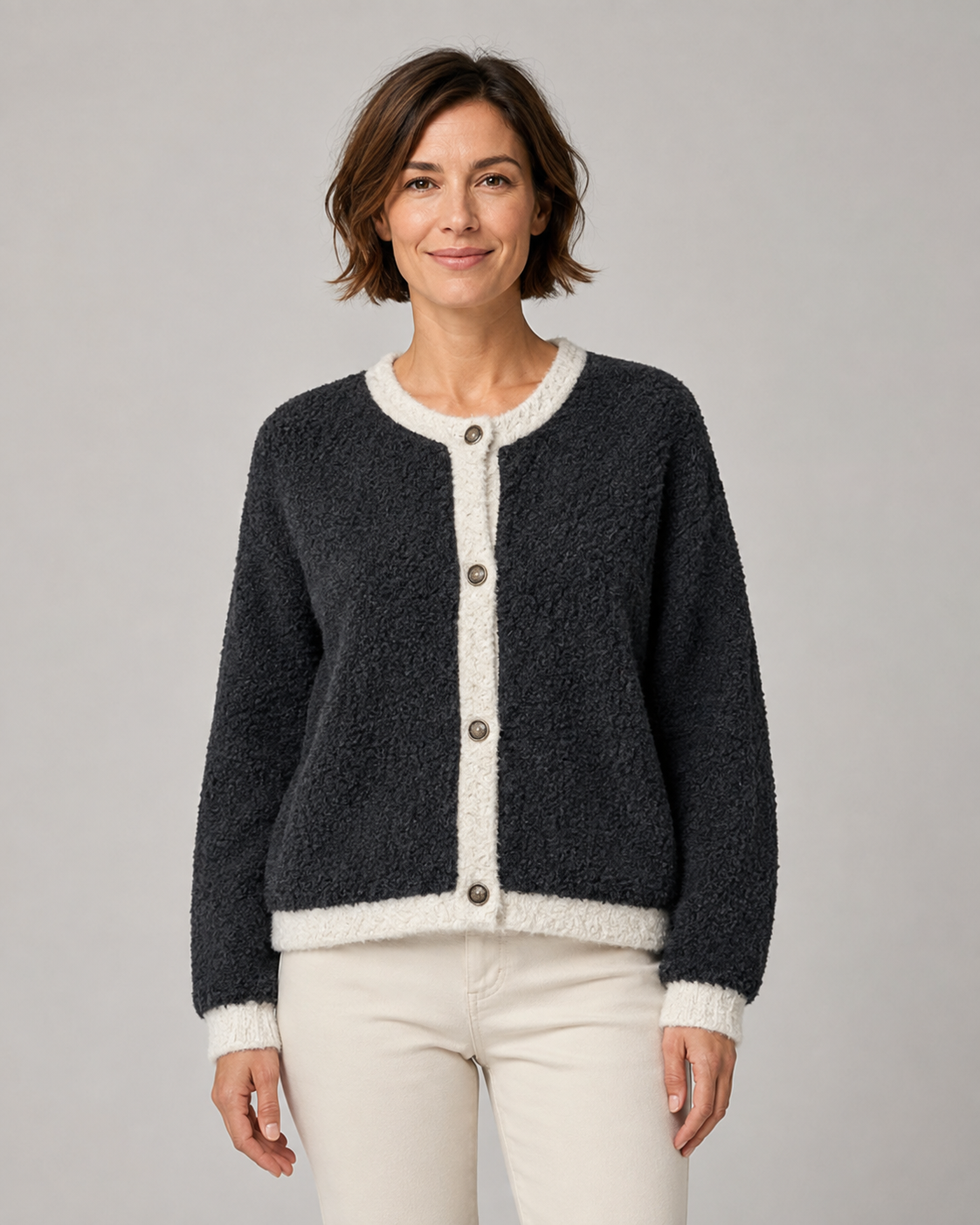 Women's Bouclé Knit Button Front Cardigan with Contrast Trim