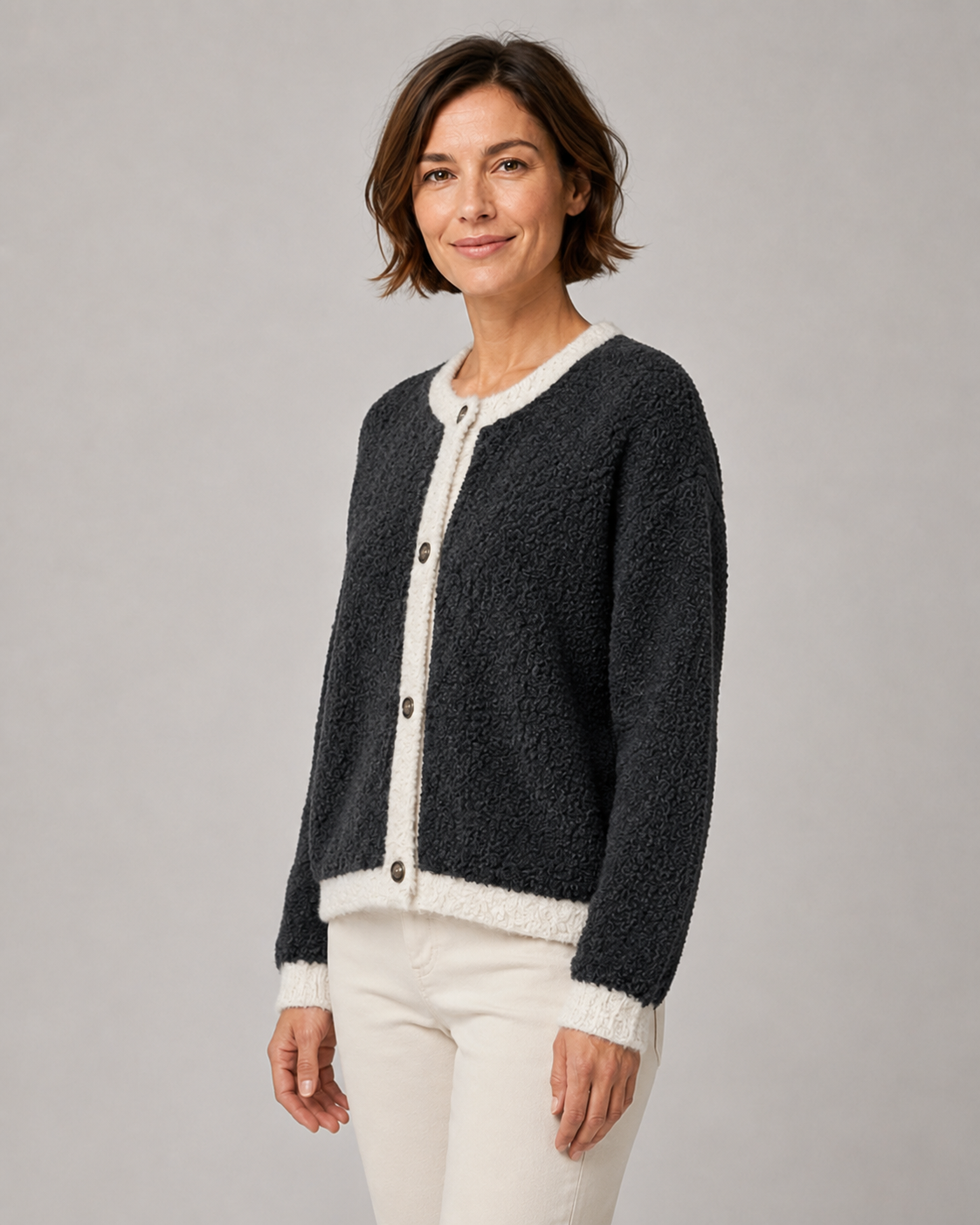 Women's Bouclé Knit Button Front Cardigan with Contrast Trim