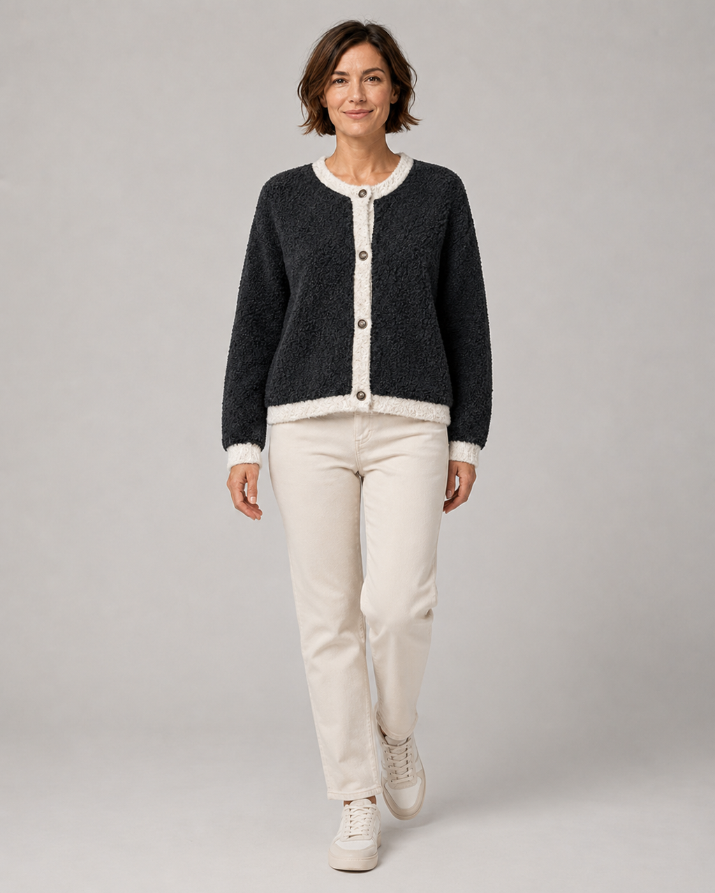 Women's Bouclé Knit Button Front Cardigan with Contrast Trim