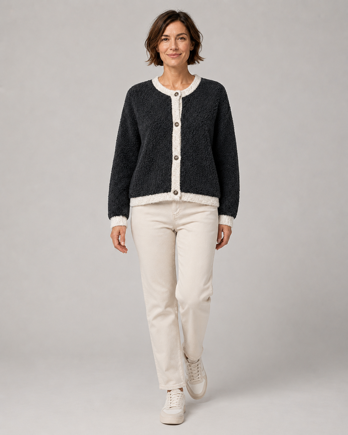 Women's Bouclé Knit Button Front Cardigan with Contrast Trim