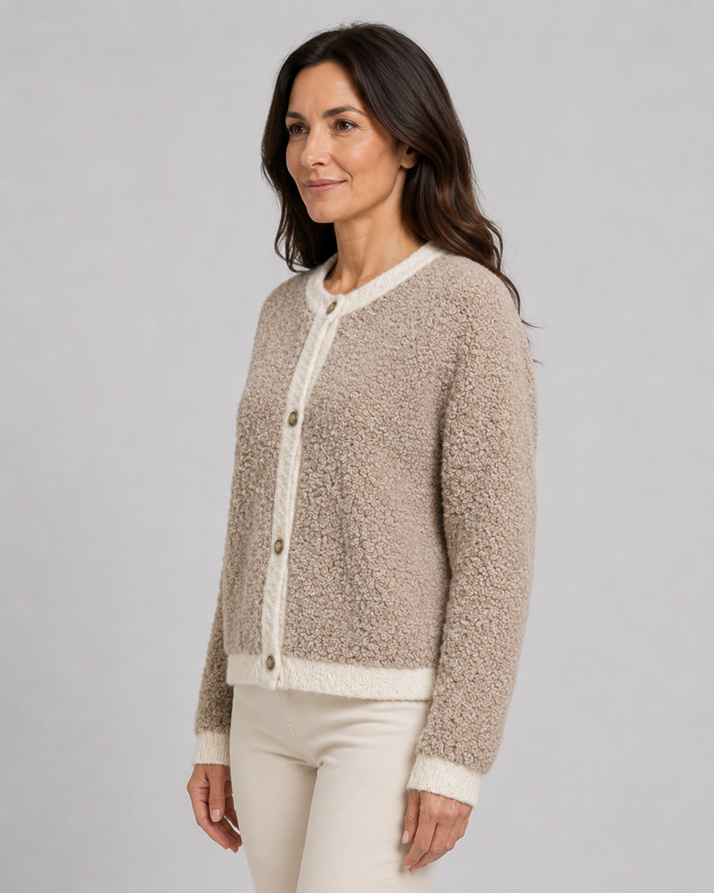 Women's Bouclé Knit Button Front Cardigan with Contrast Trim
