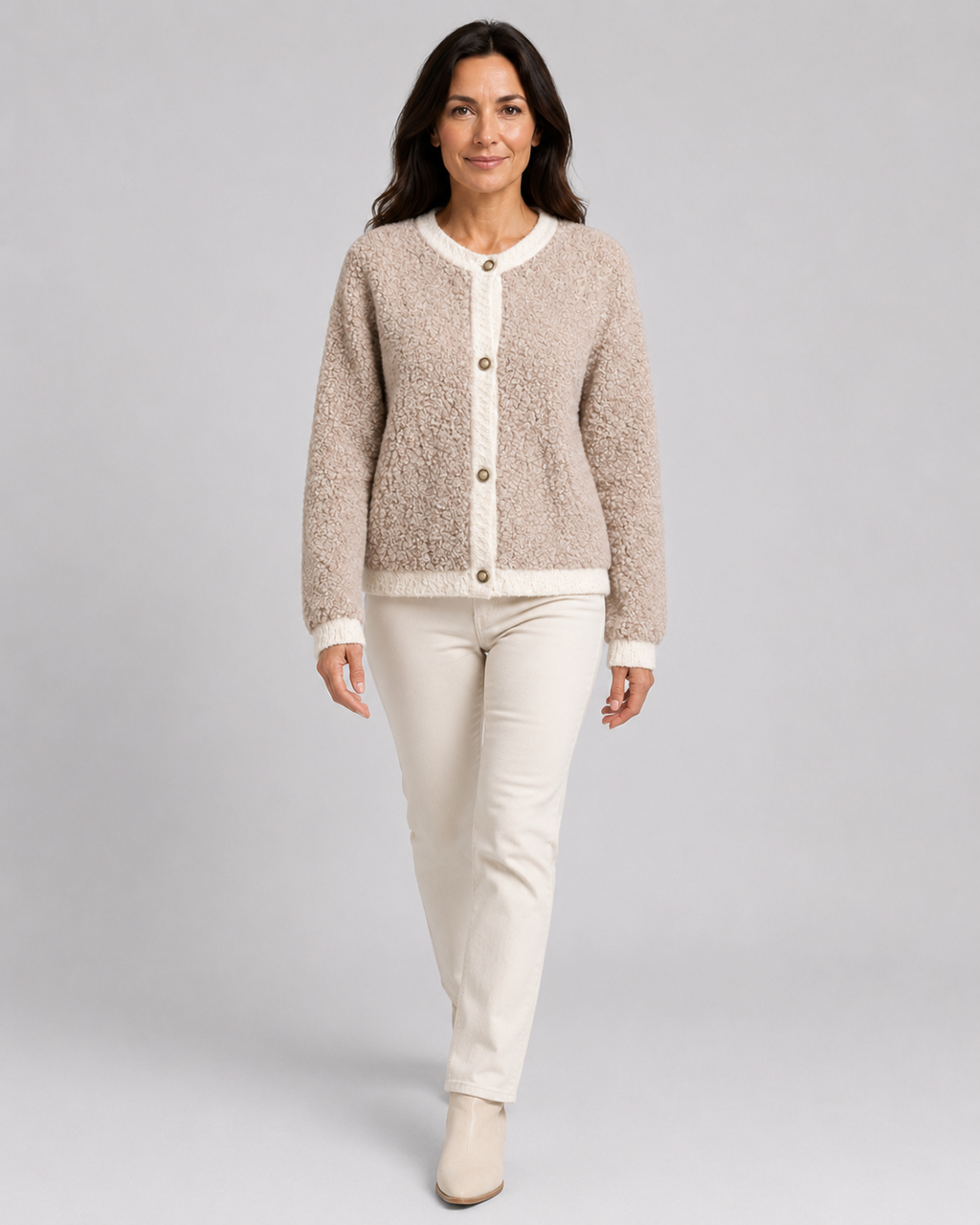 Women's Bouclé Knit Button Front Cardigan with Contrast Trim