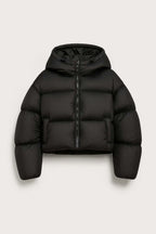 Women's Boxy Cropped Puffer Jacket with Zip Front and Hood