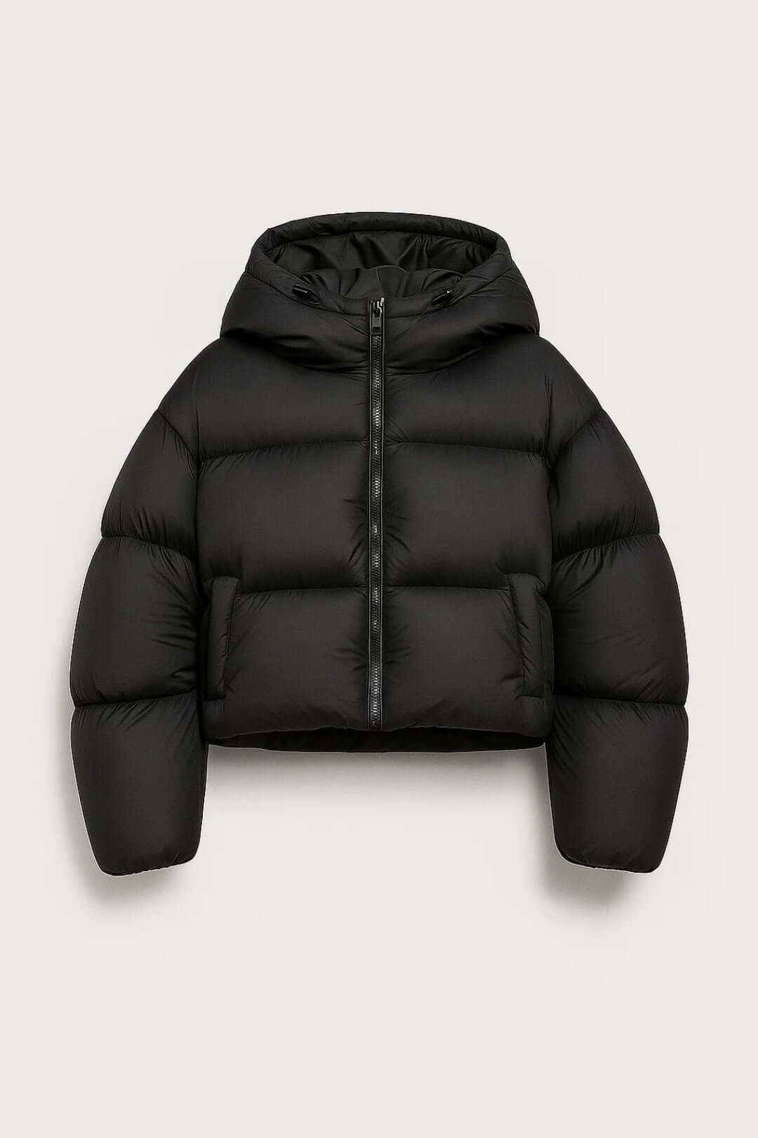 Women's Boxy Cropped Puffer Jacket with Zip Front and Hood