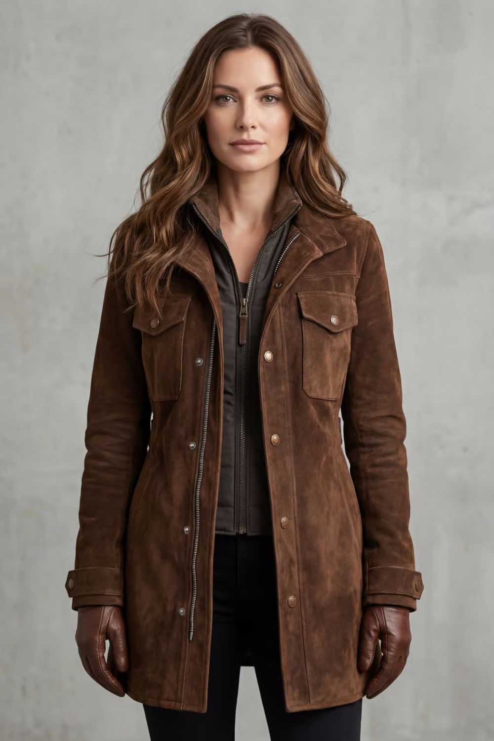 Women's Brown Suede Style Coat with Stand Collar and Flap Pockets
