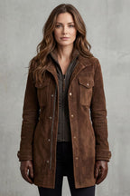 Women's Brown Suede Style Coat with Stand Collar and Flap Pockets