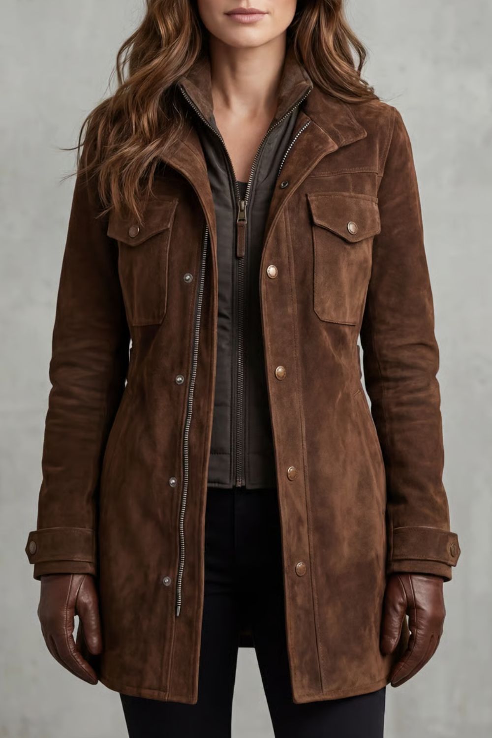 Women's Brown Suede Style Coat with Stand Collar and Flap Pockets