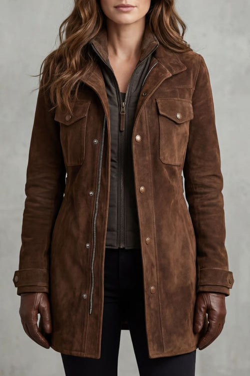 Women's Brown Suede Style Coat with Stand Collar and Flap Pockets