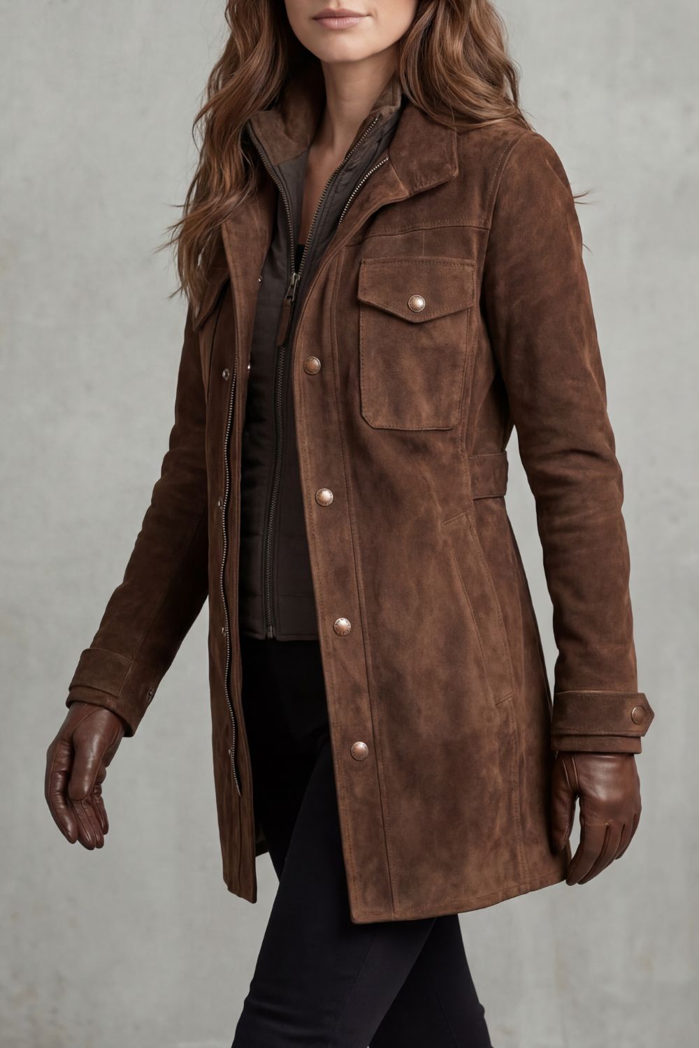 Women's Brown Suede Style Coat with Stand Collar and Flap Pockets