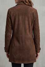 Women's Brown Suede Style Coat with Stand Collar and Flap Pockets