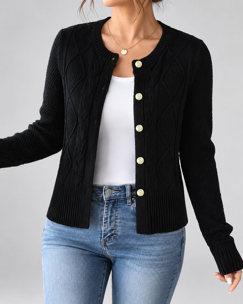 Women's Cable Knit Cardigan with Round Neck and Button Front in Black – front view