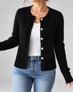 Women's Cable Knit Cardigan with Round Neck and Button Front in Black – front view