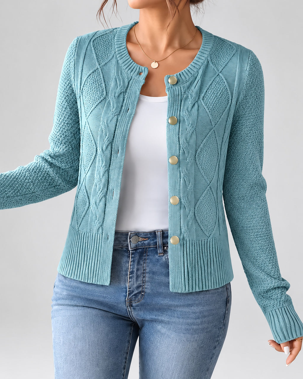 Women's Cable Knit Cardigan with Round Neck and Button Front in Light Blue – front view