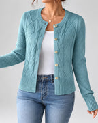 Women's Cable Knit Cardigan with Round Neck and Button Front in Light Blue – front view