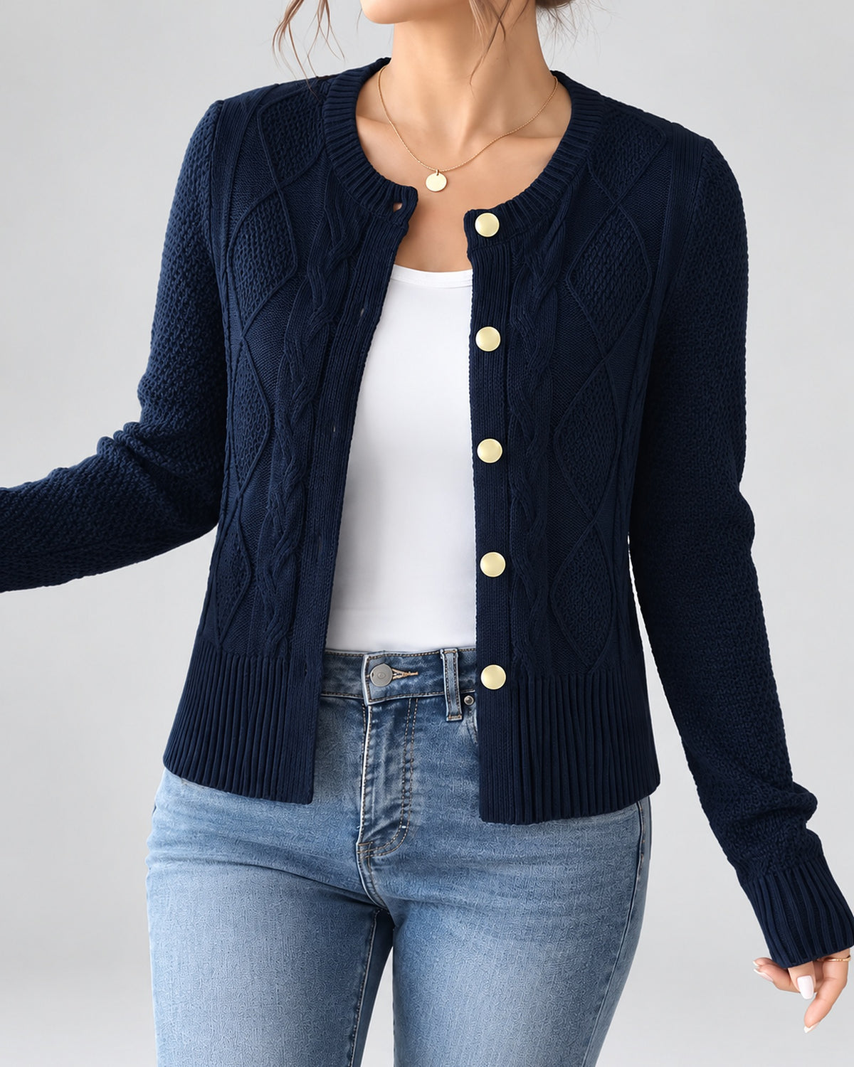 Women's Cable Knit Cardigan with Round Neck and Button Front in Navy – front view
