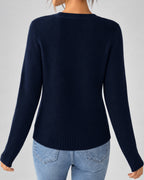 Women's Cable Knit Cardigan with Round Neck and Button Front in Navy – back view