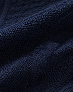 Women's Cable Knit Cardigan with Round Neck and Button Front in Navy – knit detail