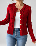 Women's Cable Knit Cardigan with Round Neck and Button Front in Red – front view
