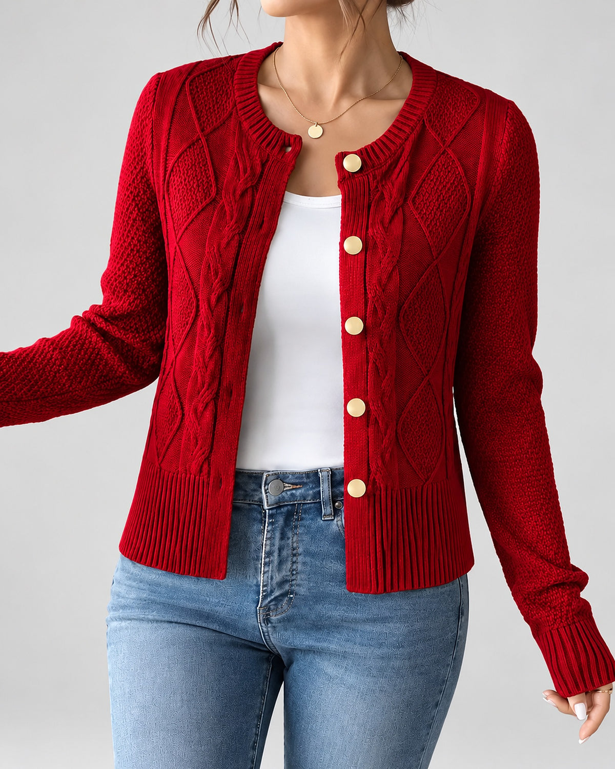 Women's Cable Knit Cardigan with Round Neck and Button Front in Red – front view