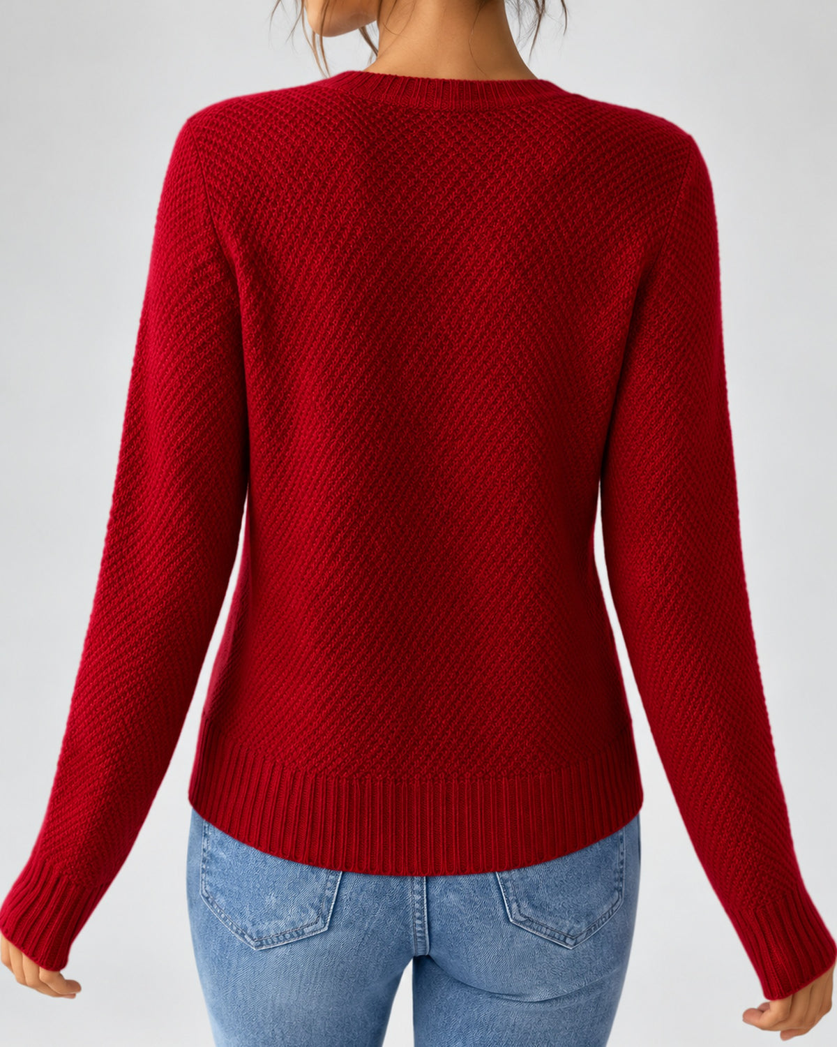 Women's Cable Knit Cardigan with Round Neck and Button Front in Red – back view