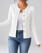 Women's Cable Knit Cardigan with Round Neck and Button Front in White – front view