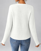 Women's Cable Knit Cardigan with Round Neck and Button Front in White – back view
