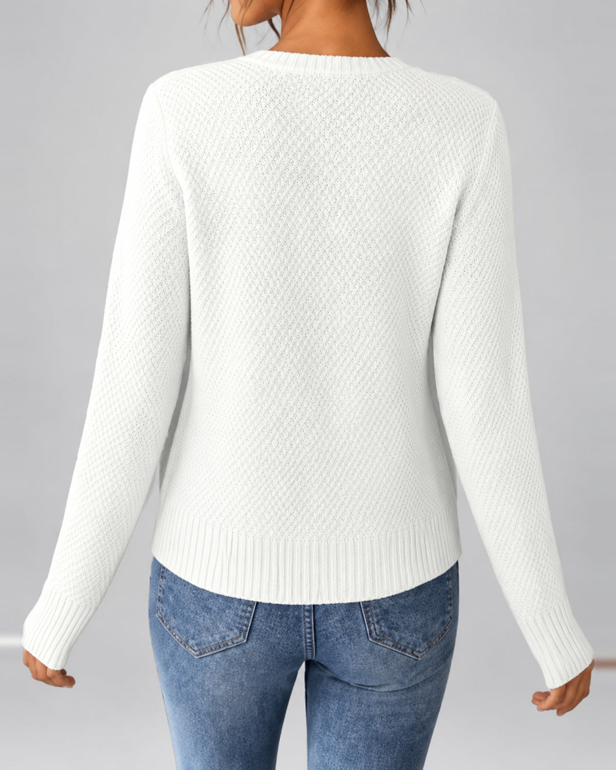 Women's Cable Knit Cardigan with Round Neck and Button Front in White – back view