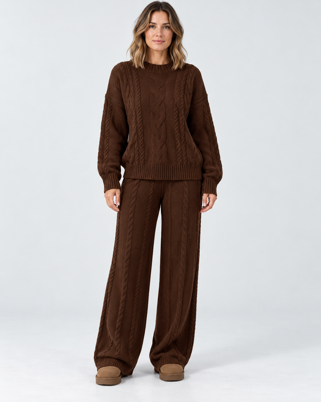 Women's Cable Knit Co-Ord Set with Crew Neck Jumper and Wide Leg Trousers in Coffee – photo 1