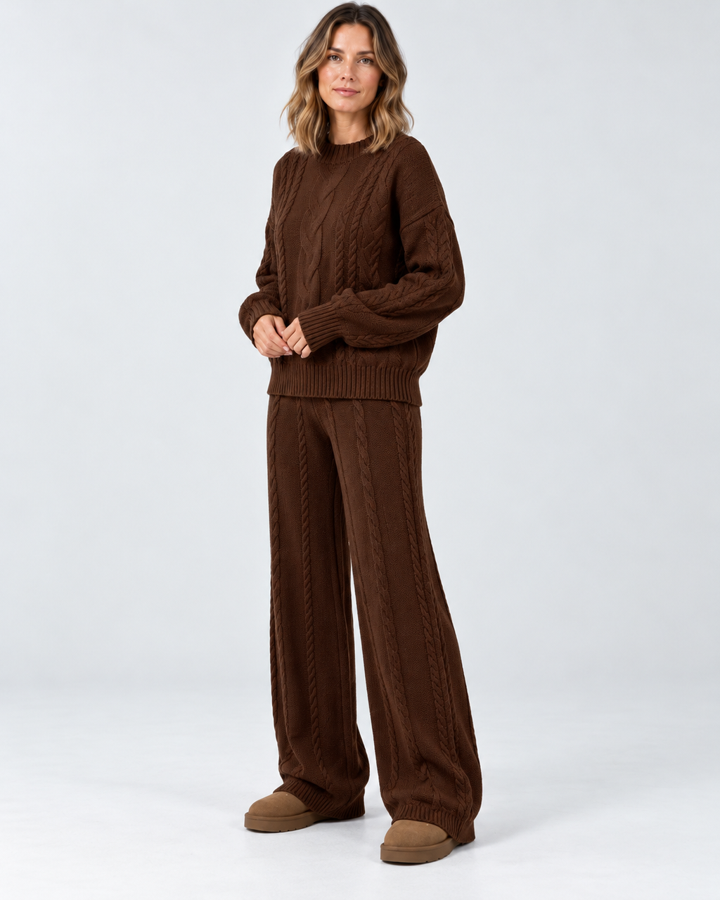 Women's Cable Knit Co-Ord Set with Crew Neck Jumper and Wide Leg Trousers in Coffee – photo 2