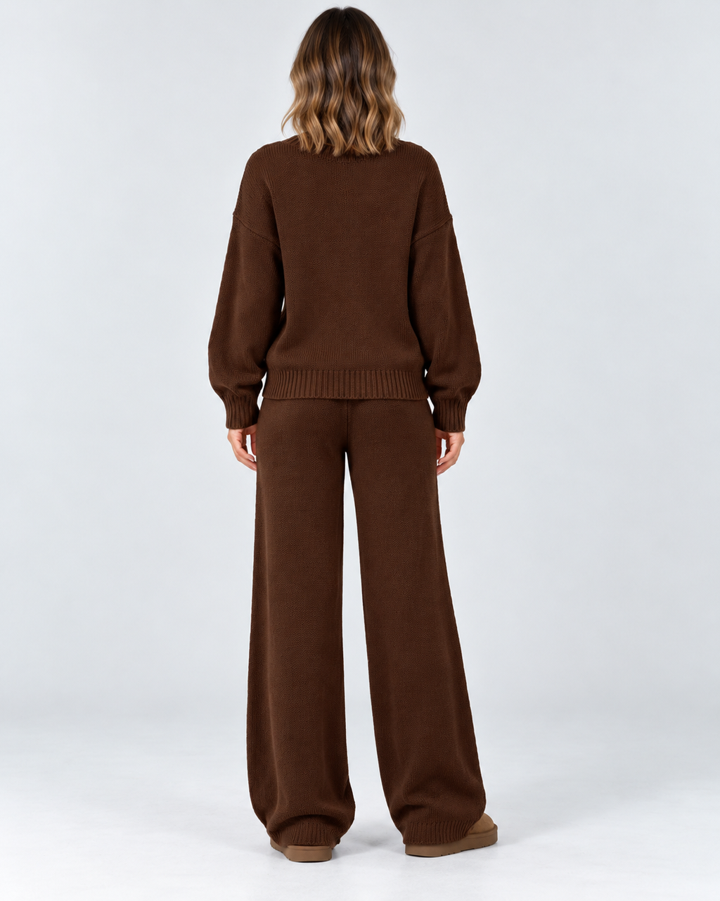 Women's Cable Knit Co-Ord Set with Crew Neck Jumper and Wide Leg Trousers in Coffee – photo 3