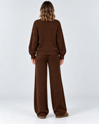 Women's Cable Knit Co-Ord Set with Crew Neck Jumper and Wide Leg Trousers in Coffee – photo 3