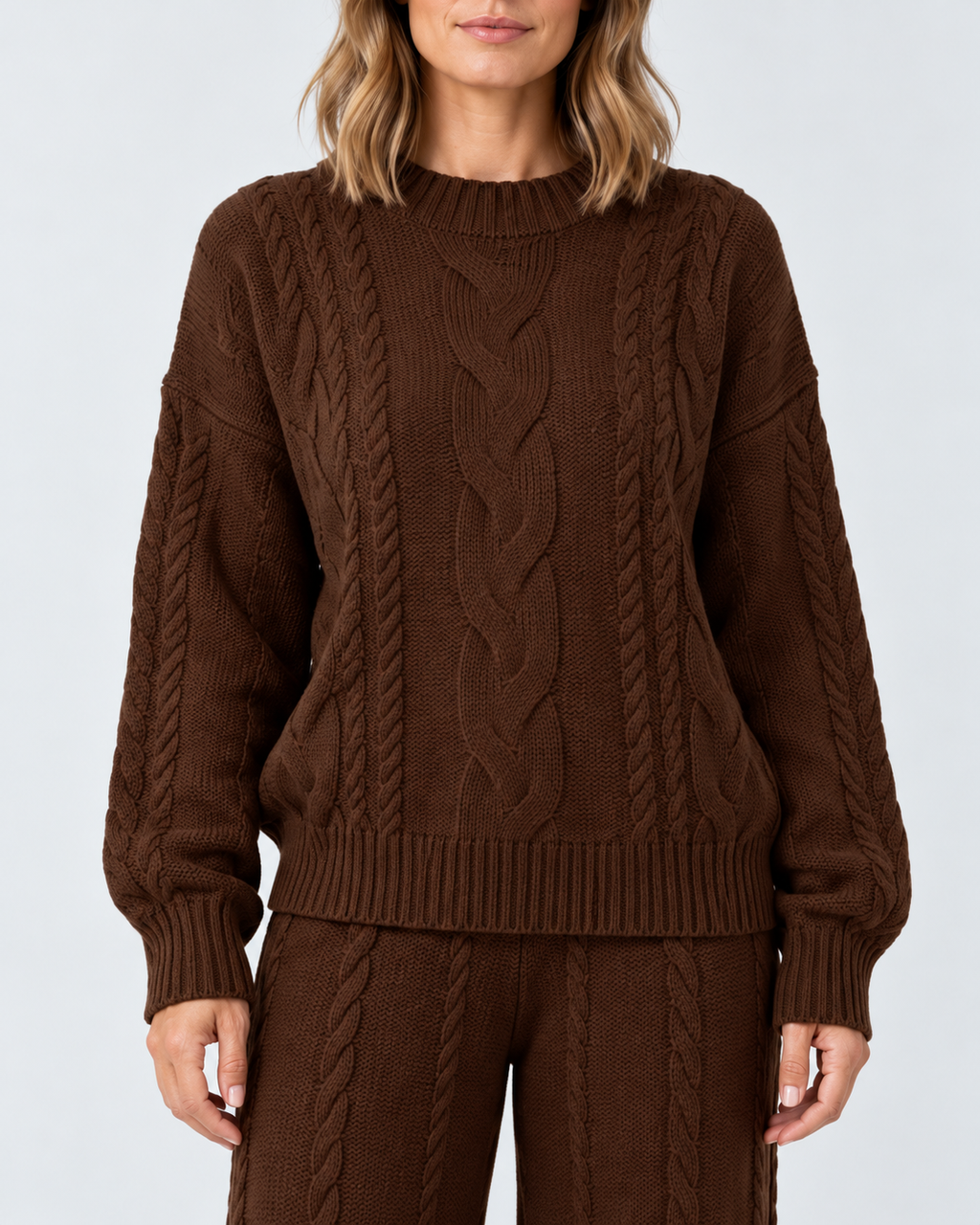 Women's Cable Knit Co-Ord Set with Crew Neck Jumper and Wide Leg Trousers in Coffee – photo 4
