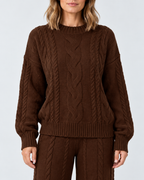 Women's Cable Knit Co-Ord Set with Crew Neck Jumper and Wide Leg Trousers in Coffee – photo 4