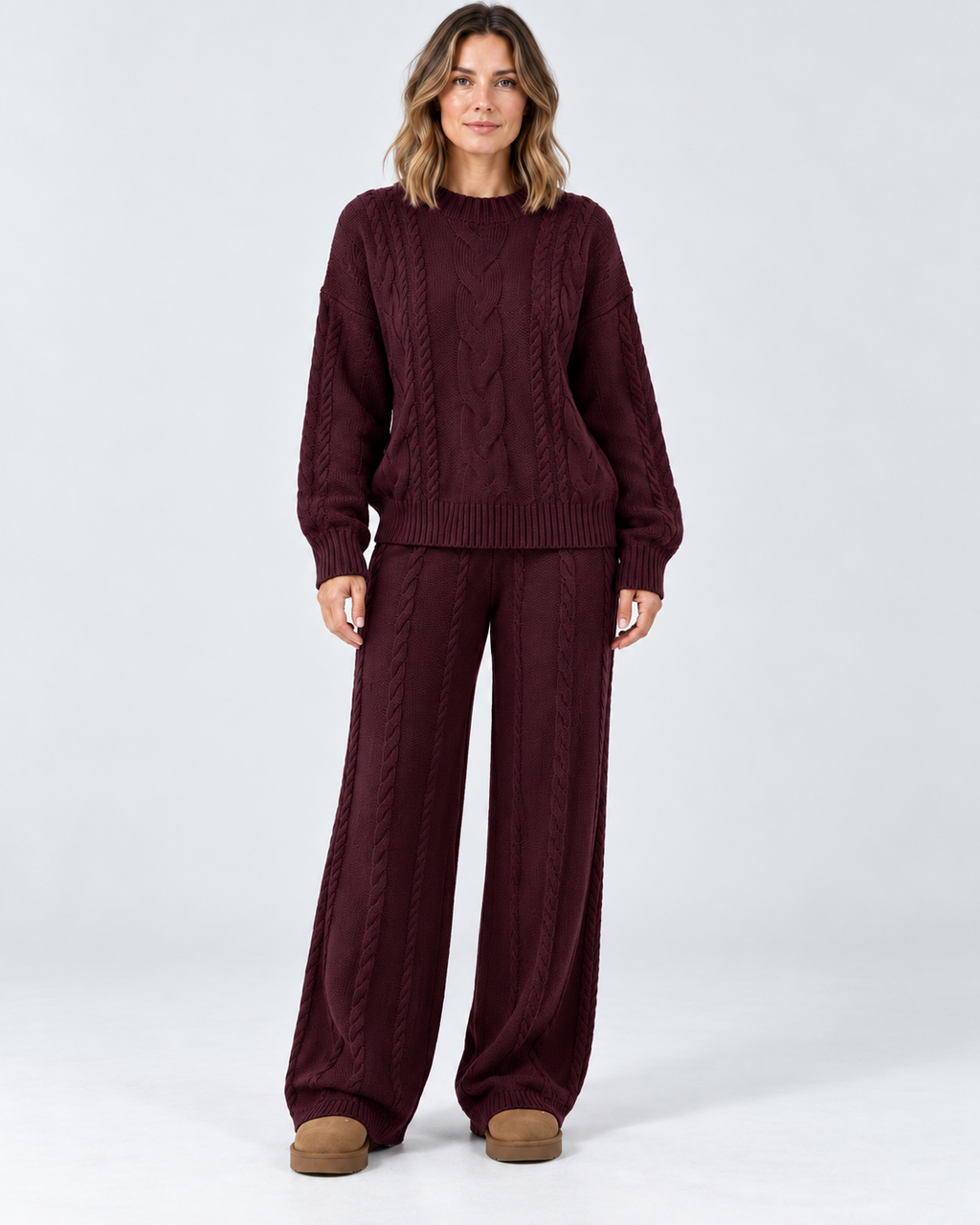 Women's Cable Knit Co-Ord Set with Crew Neck Jumper and Wide Leg Trousers in Dark Pink – photo 1