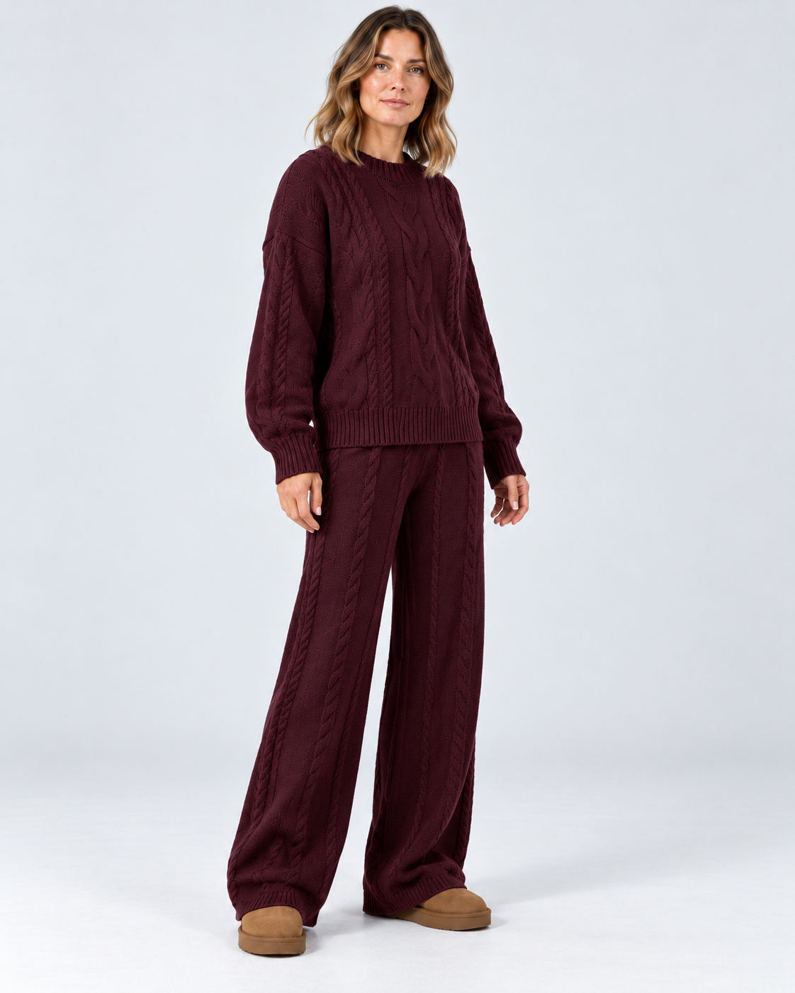 Women's Cable Knit Co-Ord Set with Crew Neck Jumper and Wide Leg Trousers in Dark Pink – photo 2